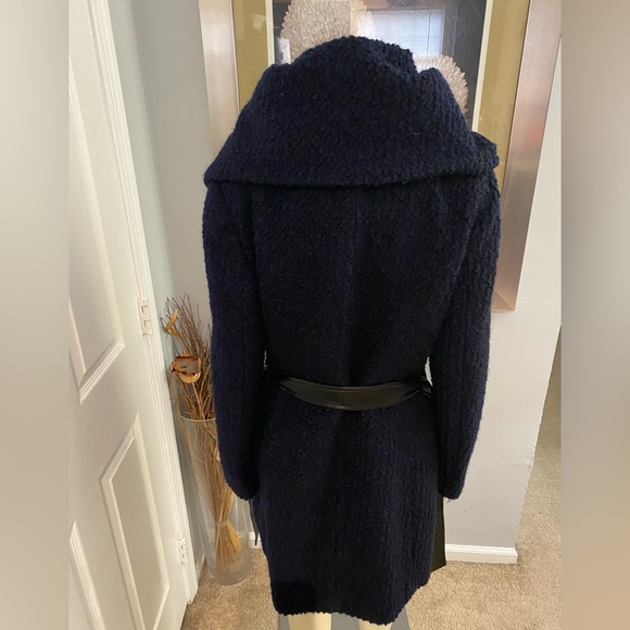 Cole Haan Signature Wool Blend Boucle Oversized Collar Blue Navy Pea Coat - Picture 4 of 7